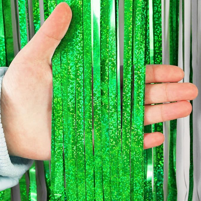 Green Tinsel Foil Fringe Curtain Backdrop, 3.3 x 8.2 ft Metallic Glitter - Image 7