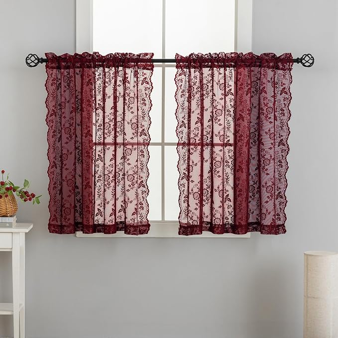 FINECITY Short Burgundy Sheer Curtains Leaf Floral W42 x L36 Inch, 2 Panels | - Image 8