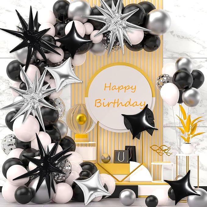 TONIFUL 18Pcs 22Inch Black Silver Large Explosion Star Mylar Balloons and - Image 6