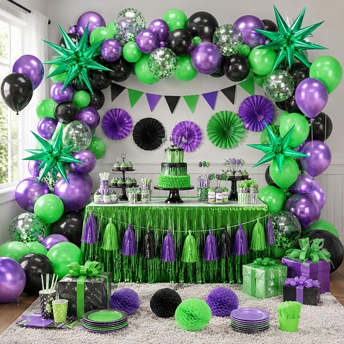 Purple and Green Balloons, 12 Inch Metallic Purple Black Green and Confentti - Image 7