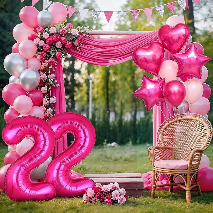 40 Inch Number Balloon Hot Pink 22 Set Pink Theme 22nd Birthday Decor 10Pcs | - Image 6