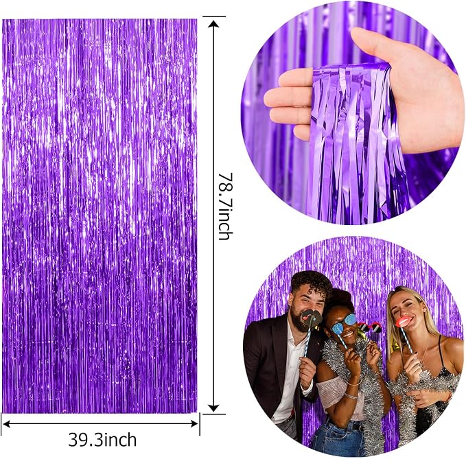5 Pack Foil Curtain Backdrop Purple Metallic Tinsel Foil Fringe Curtains Photo - Image 6