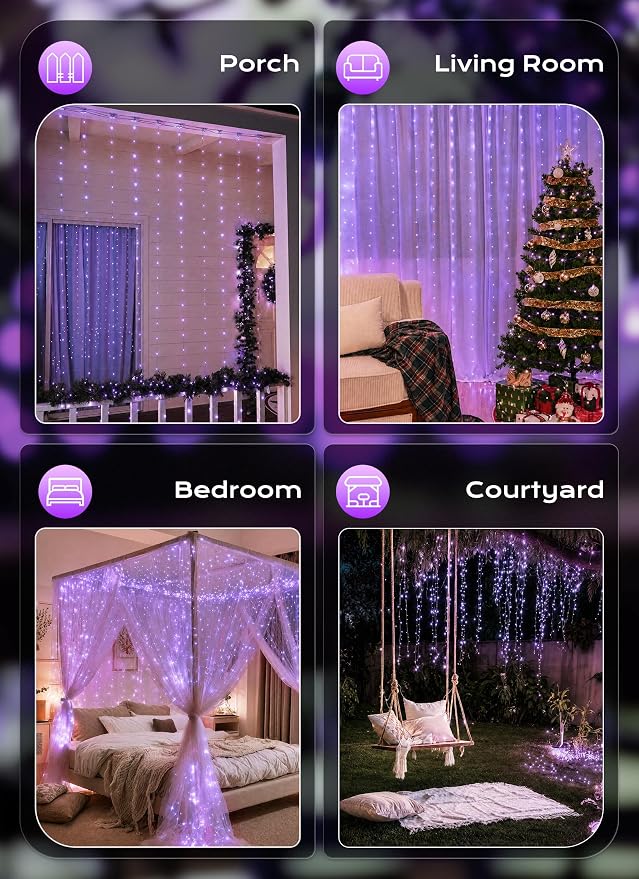 Brightown 300 LED Purple Fairy Curtain Lights, 9.8ft x 9.8ft String Lights | - Image 8