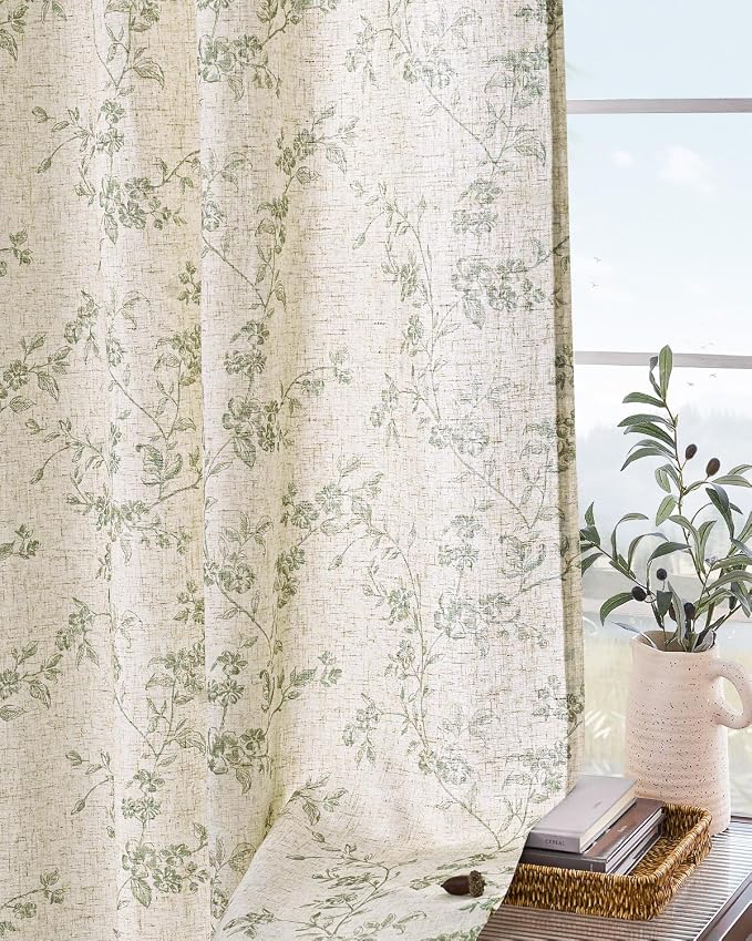 Extra Long Green Vintage Floral Linen Curtains Farmhouse 2 Panels | Elisa Series - Image 9