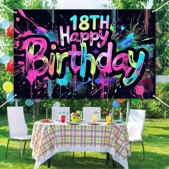 HOMETITUTE Neon 18th Happy Birthday Banner 71x43 Inch | Glow in The Dark Party - Image 6