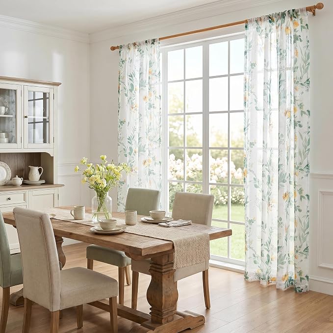 MYSKY HOME Green Floral Sheer Short Kitchen Curtains 54 Inch Long 2 Panels | - Image 9