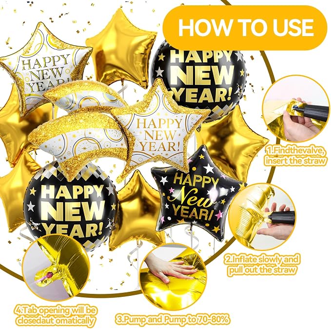 Black and Gold Happy New Year Balloons, 18 Inch Large Size Foil Balloons - Image 7