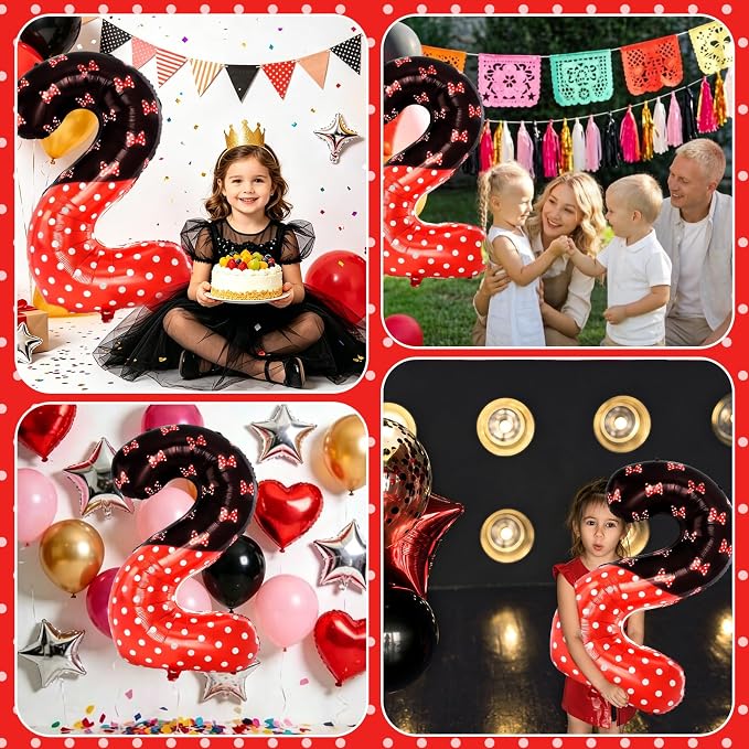 40 Inch Red Cartoon Mouse Number 2 Balloon, Birthday Party Decorations | Black - Image 7