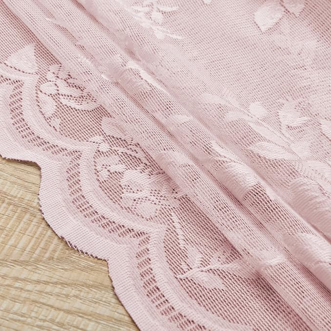 Light Pink Lace Curtains 45 Inch Length 2 Panels Rod Pocket Large Floral - Image 7