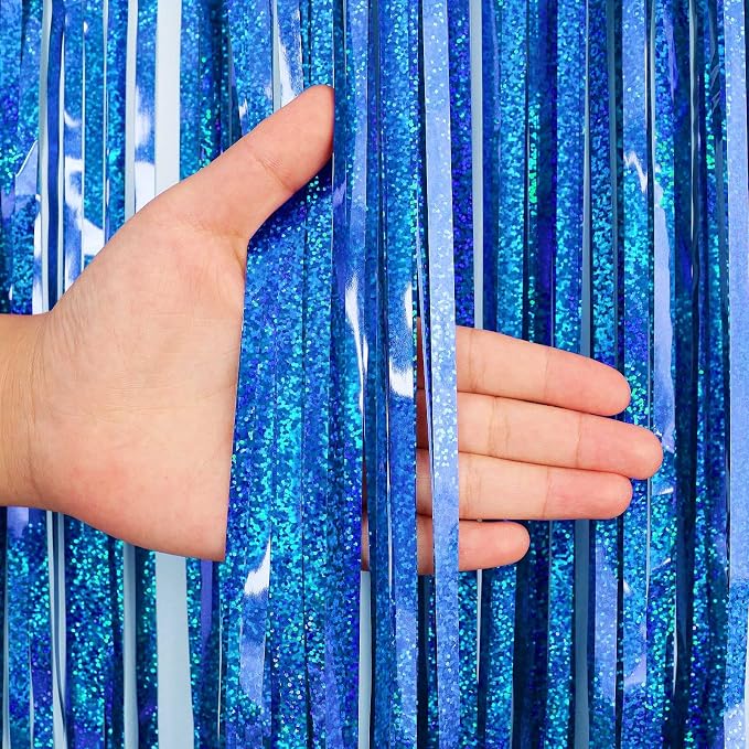 Blue Tinsel Foil Fringe Curtain Backdrop, 3.3 x 8.2 ft Metallic Glitter Curtain - Image 7