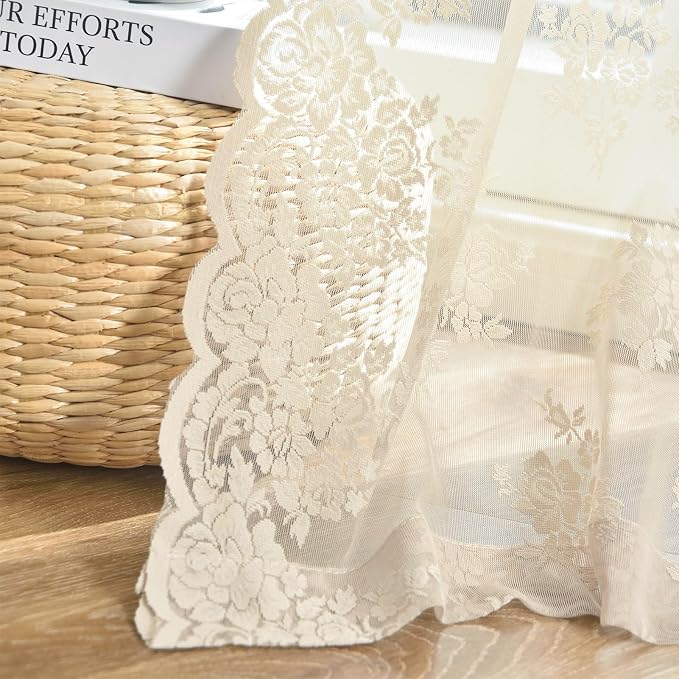 Kotile Beige Lace Kitchen Curtains Rustic Floral W42 x L30 Inch, 2 Panels | Rod - Image 9