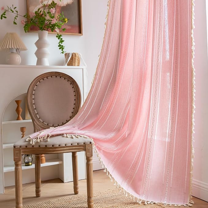 Linen Boho Pink Embroidered Curtains - Image 9