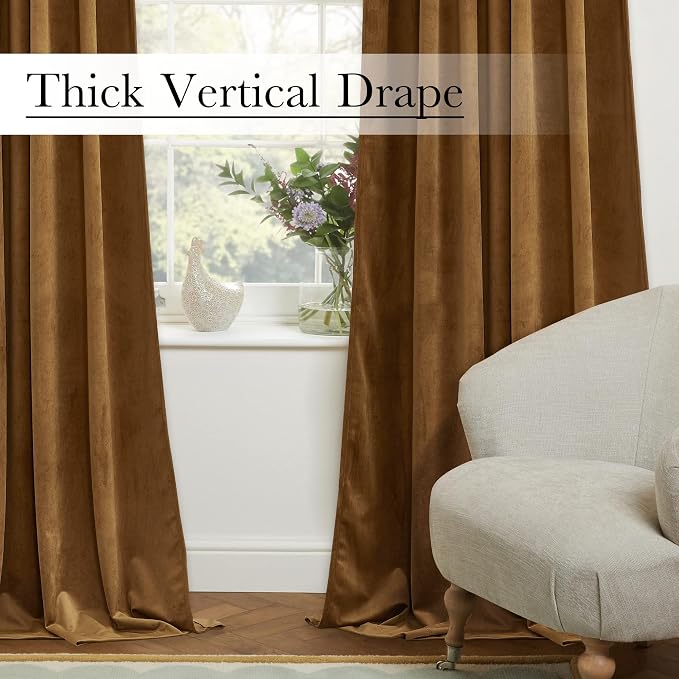 Gold Brown Velvet Curtains Extra Wide Super Soft Light Blocking Window Drapes - Image 8