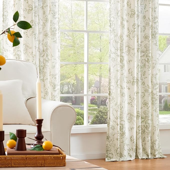 jinchan Green Floral Linen Curtains 84 Inch Vintage Back Tab 2 Panels | Light - Image 7