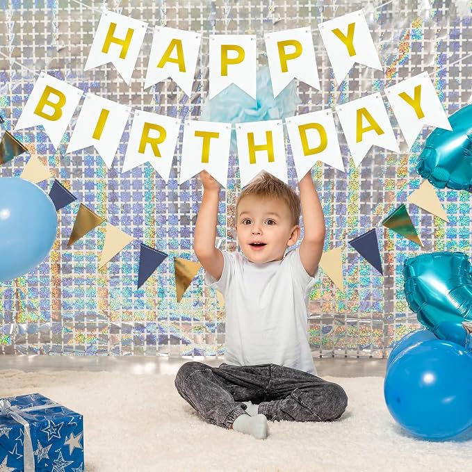 White and Gold Happy Birthday Banner Sign - Image 7