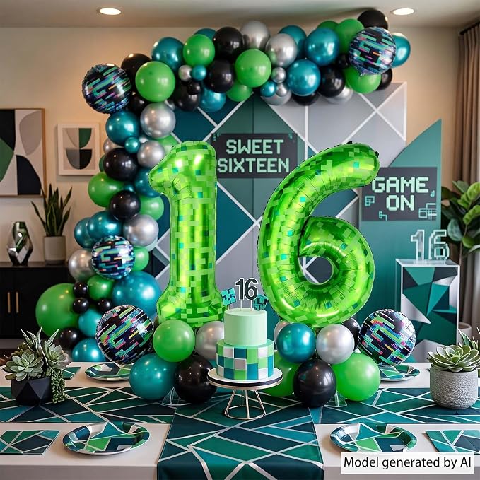 40 Inch Lime Green Pixel Number 16 Balloon, Level 16 Boy Gamer Decor | 40" - Image 7