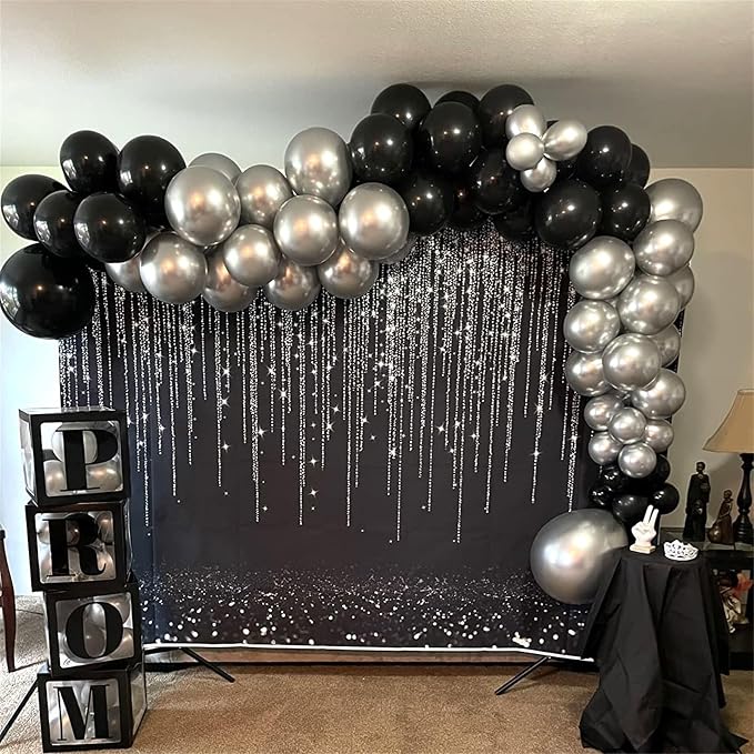 Black and Silver Balloons, 12 Inch Metallic Chrome Black Silver Confetti Latex - Image 9