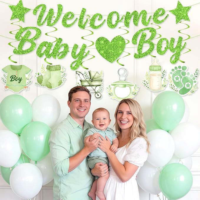 Green Baby Shower Decorations for Boys Glitter Greenery Welcome Baby Boy Banner - Image 7