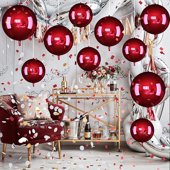 14 Pcs Burgundy Round Foil Balloons Halloween Maroon 4D Ball Balloons | - Image 7