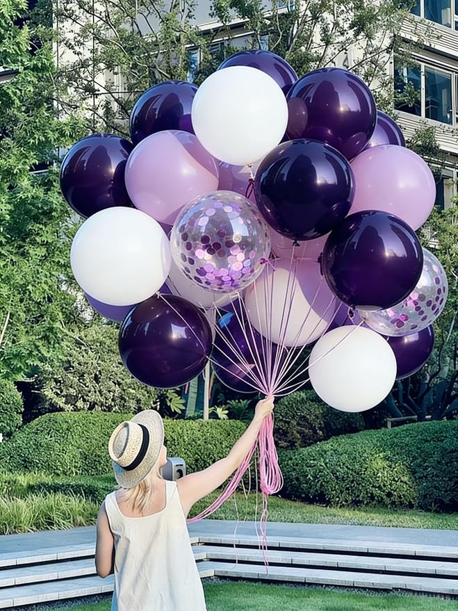Purple White Balloons 60Pcs 12 Inch Confetti Latex Balloon Kit - Image 8