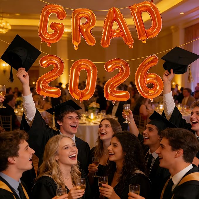 Orange GRAD 2026 Banner Balloons, 16 Inch Mylar Foil letter Graduation Balloons - Image 5