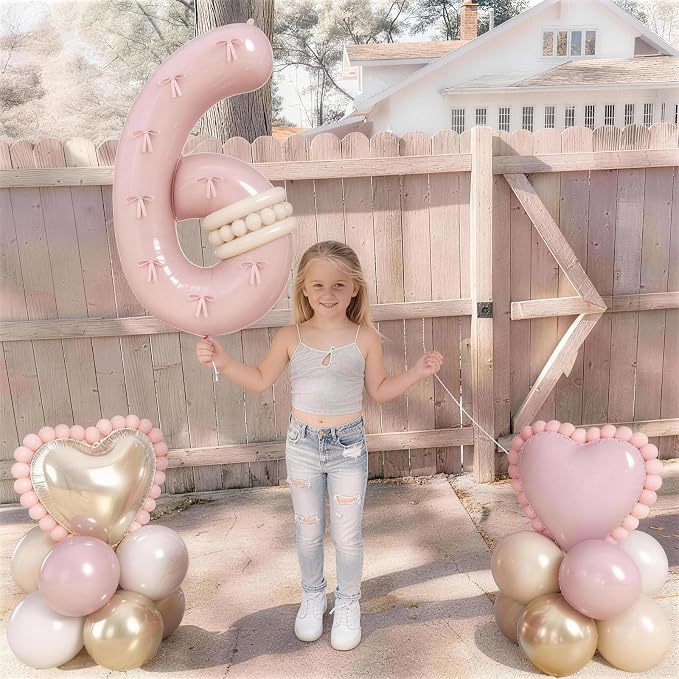 40 Inch Number 6 Balloon Pink, Dusty Blush Pink Gold White Sand Apricot Latex - Image 7