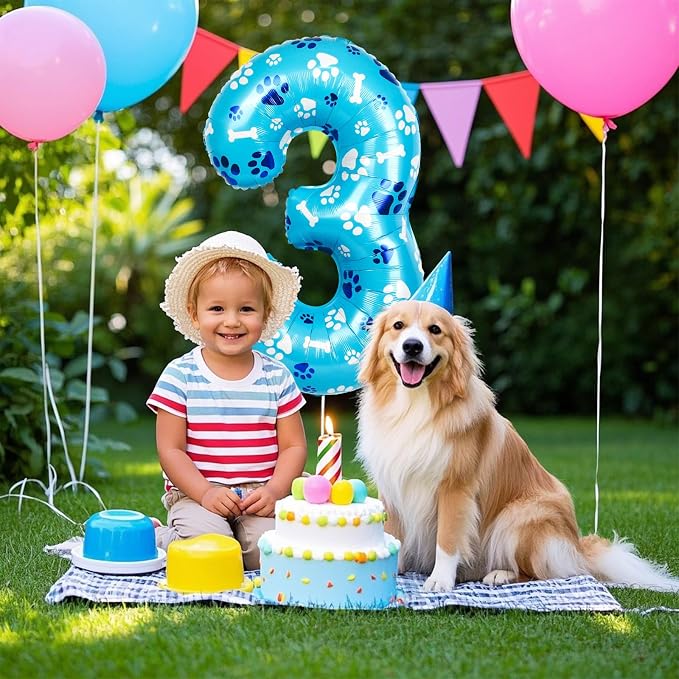 40 Inch Blue Dog Paw Birthday Balloons, Number 3 Balloons - Image 7