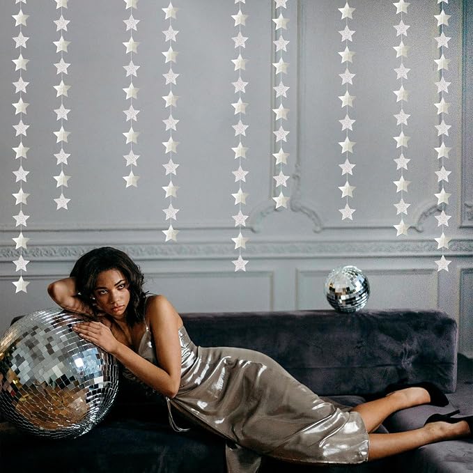 Glitter-Silver Party-Decorations Star Christmas Garland - 62ft Birthday Twinkle - Image 7