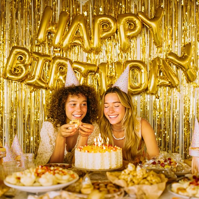 PartyWoo Gold Tinsel Streamers 8.2FT 3pcs Foil Fringe Curtain Backdrop | Gold - Image 6
