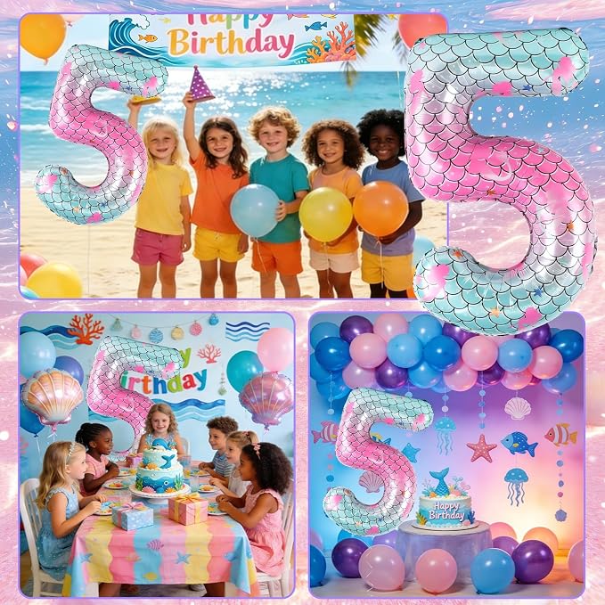 40 Inch Mermaid Number 5 Balloon, Sea Themed Birthday Decorations - Image 7