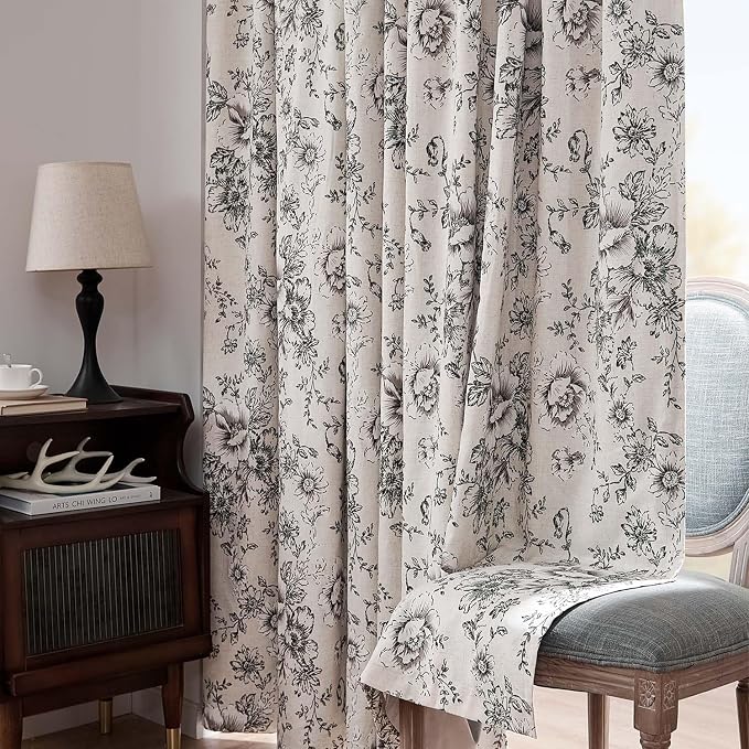 jinchan Black Floral Linen Blackout Curtains 90 Inch Back Tab 2 Panels | - Image 7