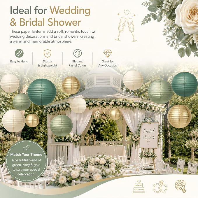 Boho Paper Lanterns Set of 12, 6/8/10 Inch Sage Green, Bridal Shower & Party - Image 7