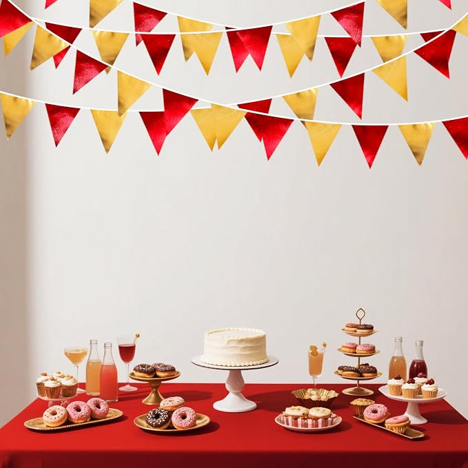 Red Gold Party Decorations Metallic Fabric Triangle Pennant Banner Flag Bunting - Image 5