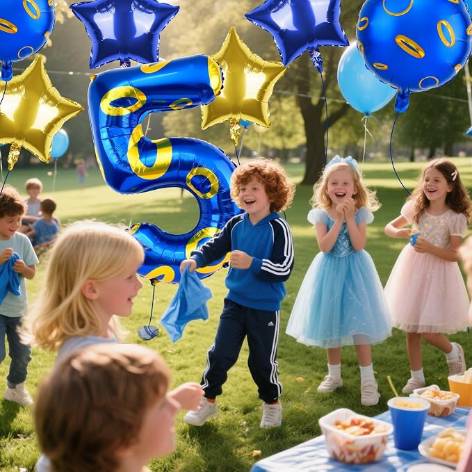 40 Inch Blue and Golden Ring Themed Number Balloon, Number Block Foil Number 5 - Image 7
