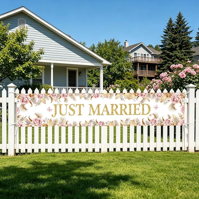 Just Married Wedding Decor Banner Decorations Party Hanging Sign | Reusable - Image 6