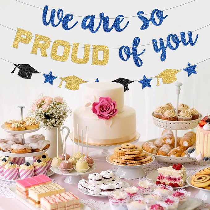 We Are So Proud of You Banner Prestrung Blue and Gold Graduation Banner - Image 6