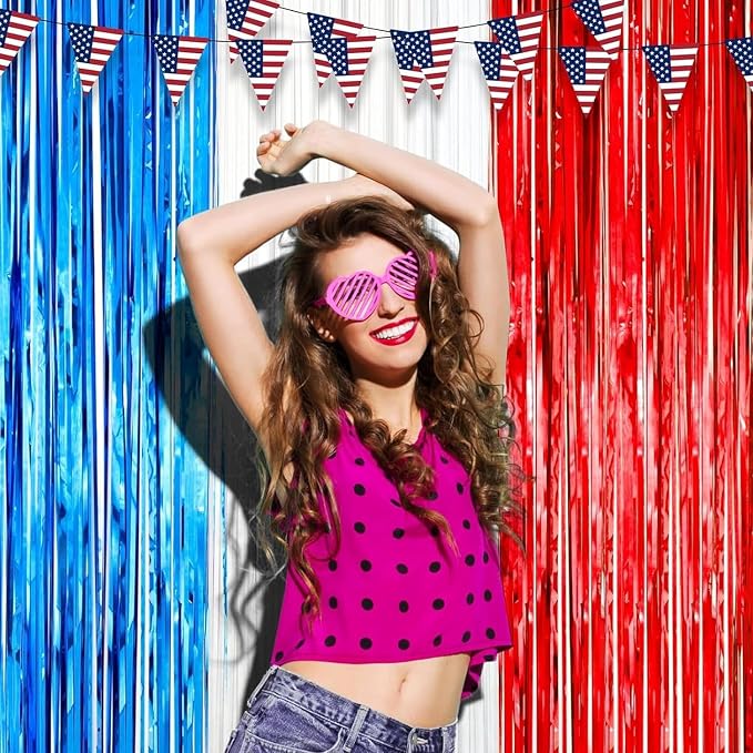 Voircoloria Red White Blue Foil Fringe Backdrop Curtains, 2 Pack | Tinsel - Image 7