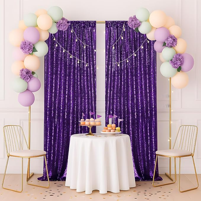 PartyDelight Purple Sequin Backdrop Curtains 2x8ft 2 Panels | Sparkly 3mm - Image 8