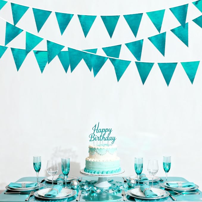 Teal Aqua Blue Triangle Pennant Banner Dark Metallic Fabric Flag Bunting Garland - Image 6
