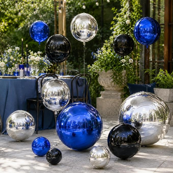 15 Pcs Navy Blue Black Silver Round Foil Balloons, 22/15/10 Inch 4D Ball - Image 7