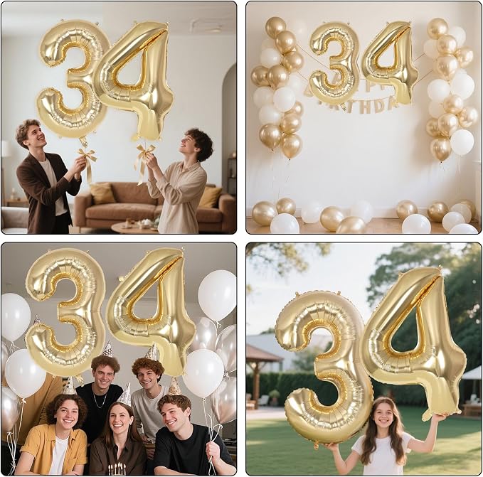 Champagne Large Number 34 Balloon, 40 Inch Light Gold Foil Helium Number - Image 7