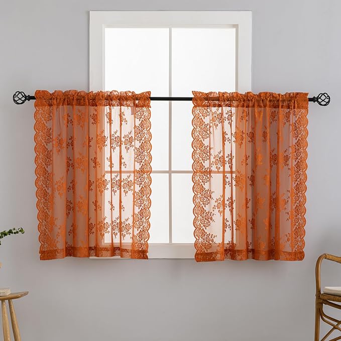 Kotile Burnt Orange Lace Kitchen Curtains Rustic Floral 2*W42 x L36 Inch | Rod - Image 9