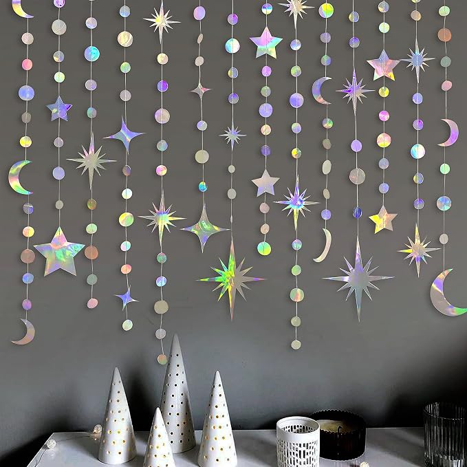 Iridescent Party Decorations Holographic Star Moon Circle Dot Garland Hanging - Image 4
