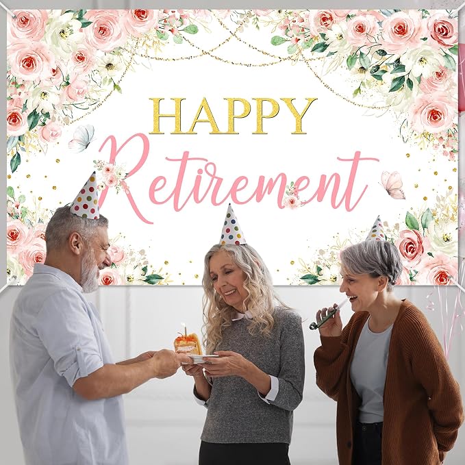 Mocsicka Happy Retirement Backdrop Pink Floral Retirement Banner - Image 8