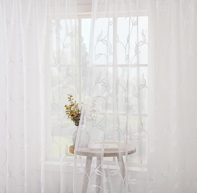 White Sheer Curtains Boho Leaf Floral Embroidered 54Wx102L | Light Filtering - Image 8