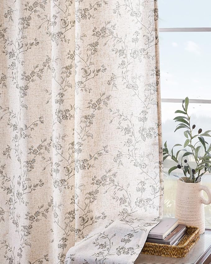 Grey Vintage Floral Linen Curtains Farmhouse 38W X 63L 2 Panels | Elisa Series - Image 8