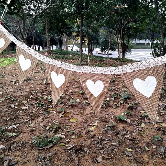 FQTANJU 12Pcs Vintage Heart Jute Burlap Bunting Banner Hessian Flag - Image 7