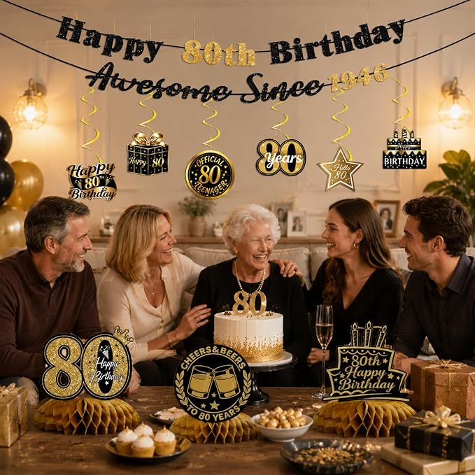 80th Birthday Decorations for Men Women, Pre-Strung Black Gold Happy 80th - Image 7
