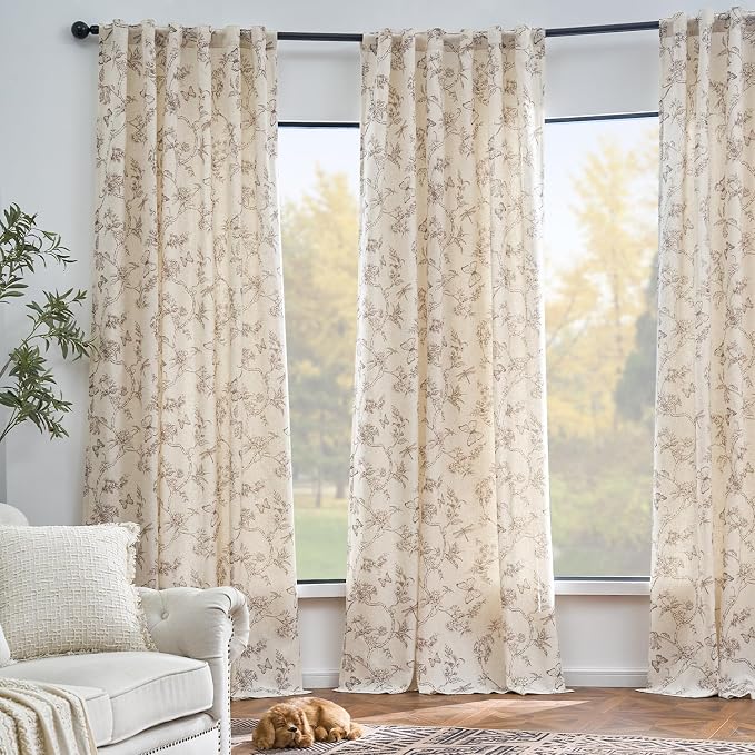 Taupe Floral Linen Lined Curtains Rod Pocket 50W X 63L 2 Panels | Charlotte - Image 6