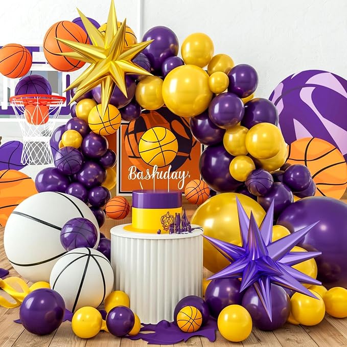 Purple and Yellow Balloon Arch Kit, Basketball Balloons - Image 7